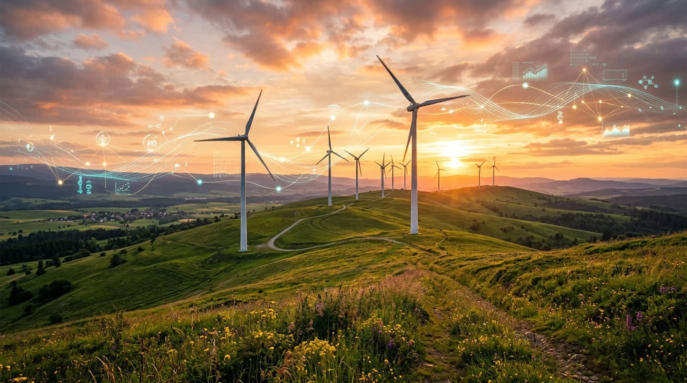 Modern wind turbines on a green hill surrounded by floating digital data streams.