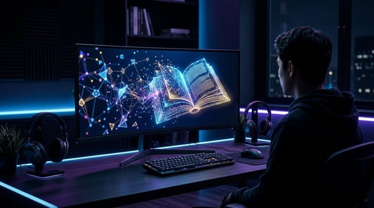A person viewing a digital open book with glowing data and network graphics on a computer monitor, symbolizing technology, digital learning, and innovation in a modern workspace.