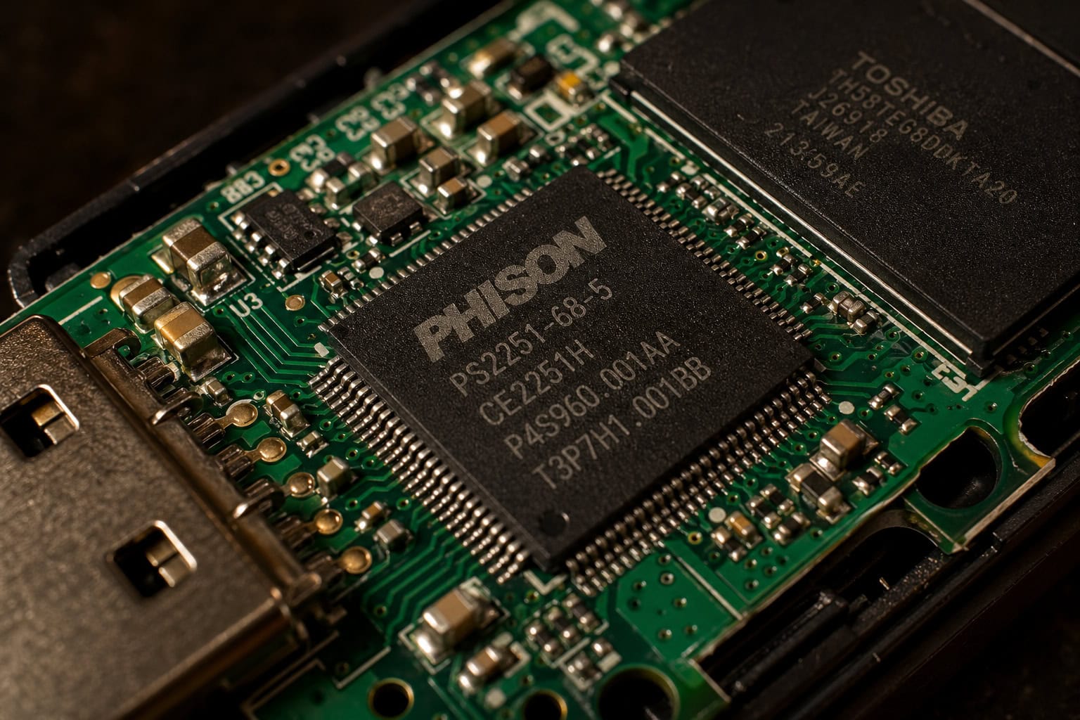 High-performance SSD circuit board featuring Toshiba and Phison chips, ideal for gaming, computing, and data-intensive applications.