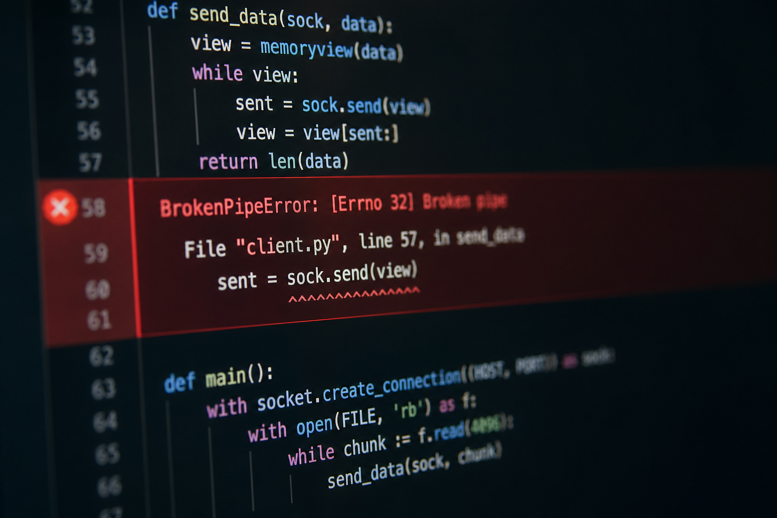 Screenshot of a programming code error message on a computer screen, showing a BrokenPipeError in Python with socket communication.