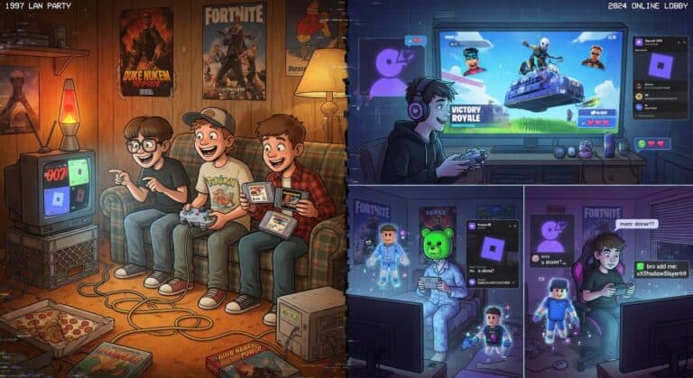 Group of friends and family enjoying a gaming night with consoles and a large screen, capturing fun and entertainment in a cozy living room setting.