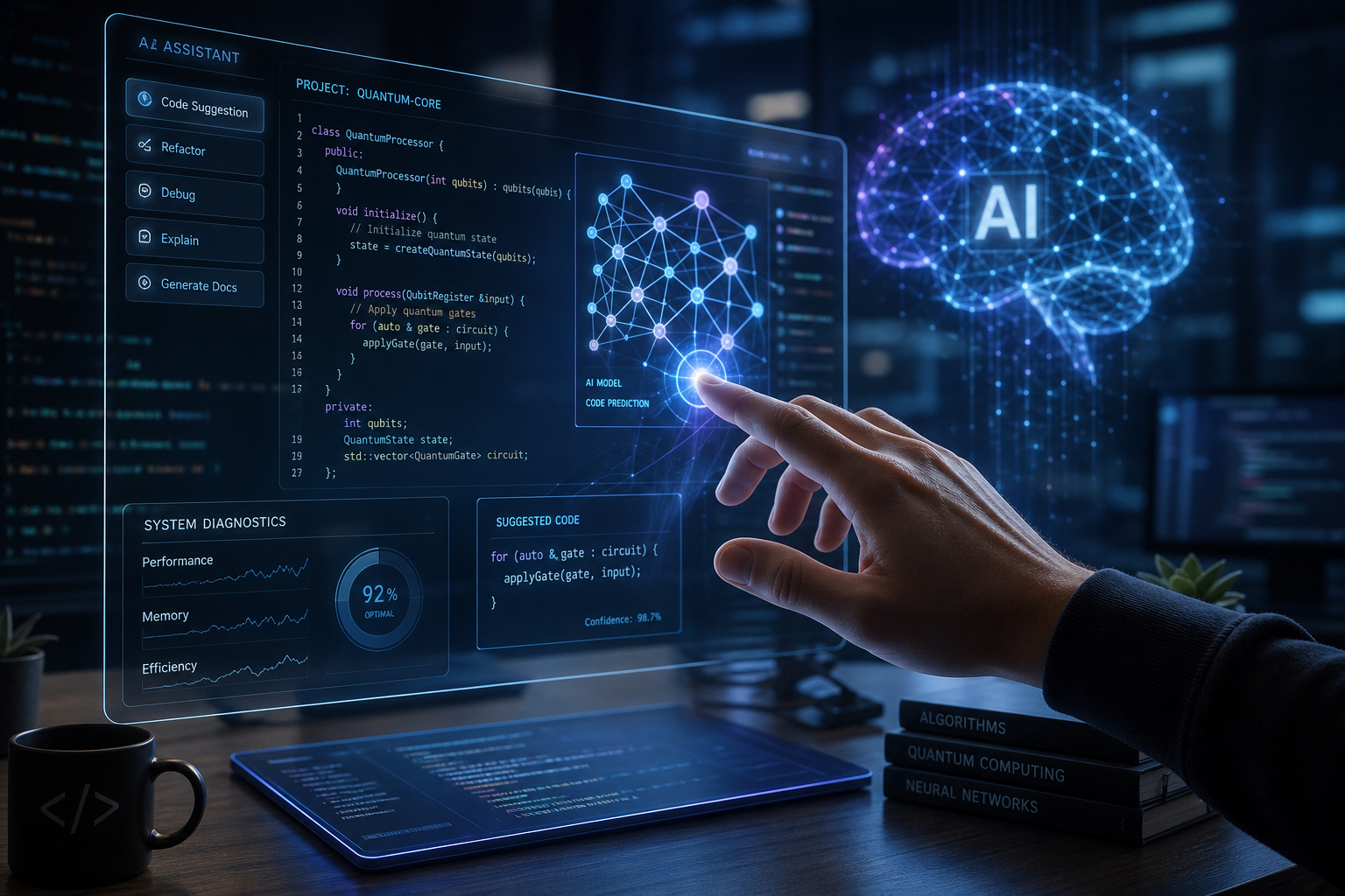 AI brain with interconnected nodes and digital data visualization on a futuristic screen.
