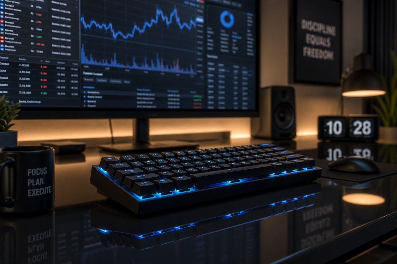 High-tech trading setup featuring dual computer monitors displaying financial data and stock market graphs, illuminated keyboard, and modern desk accessories for professional trading and investment an.