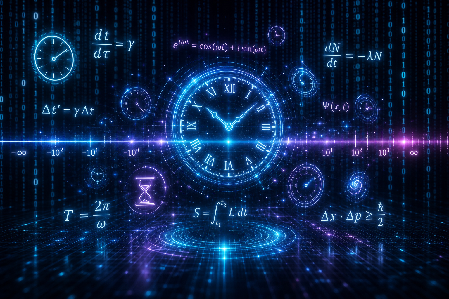Futuristic digital clock with mathematical equations and time concepts.