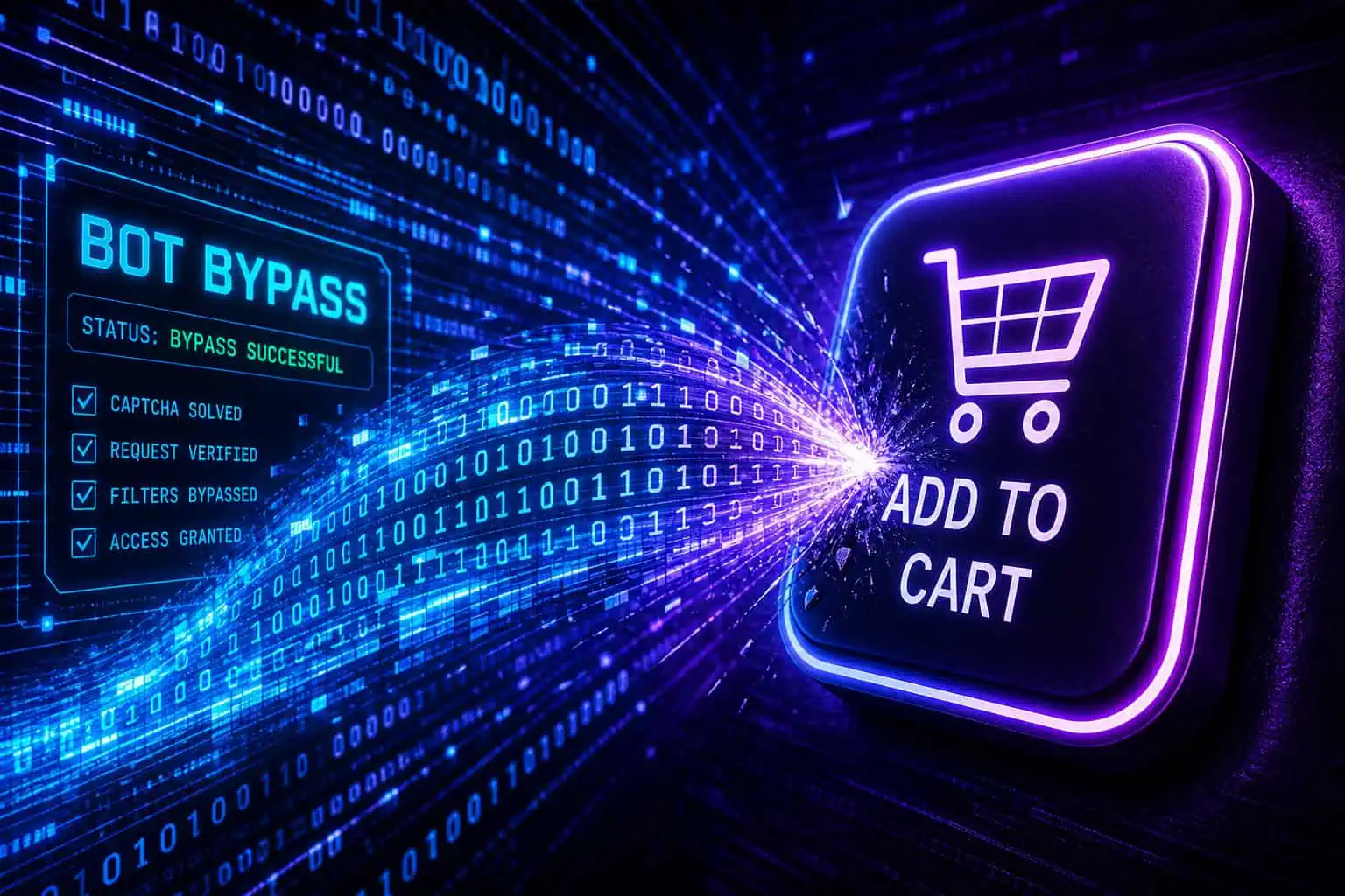 Digital shopping cart icon with neon glow and "Add to Cart" text, representing online shopping and e-commerce technology.