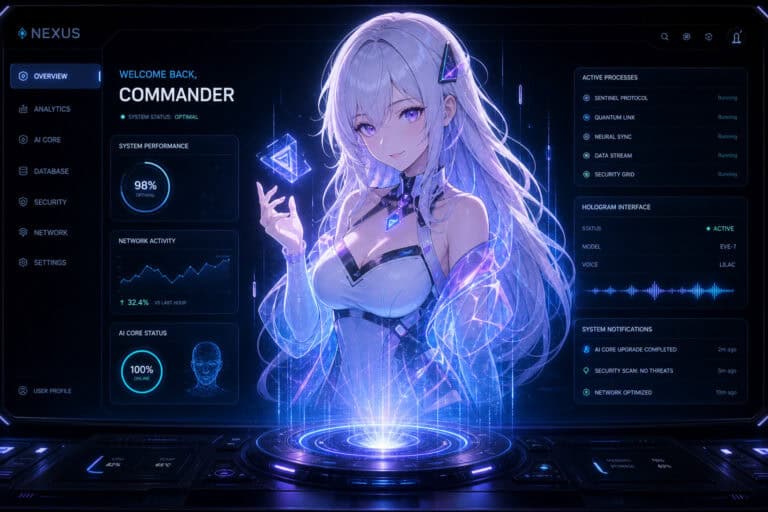 Futuristic female AI hologram with glowing blue accents, representing advanced technology and digital intelligence, set against a high-tech interface background.