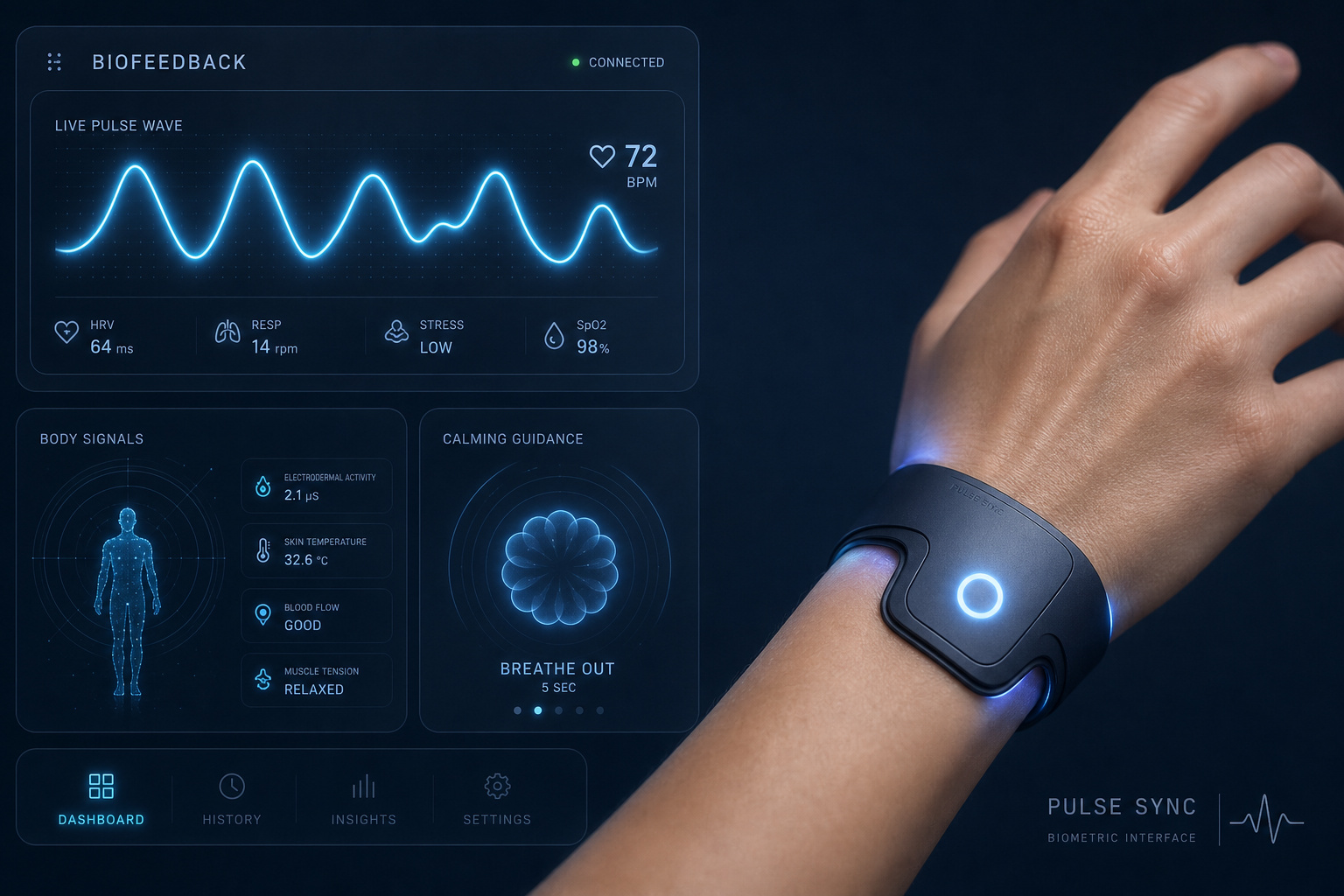 High-tech biofeedback wristband displaying real-time health data and calming guidance, designed for wellness and stress management.