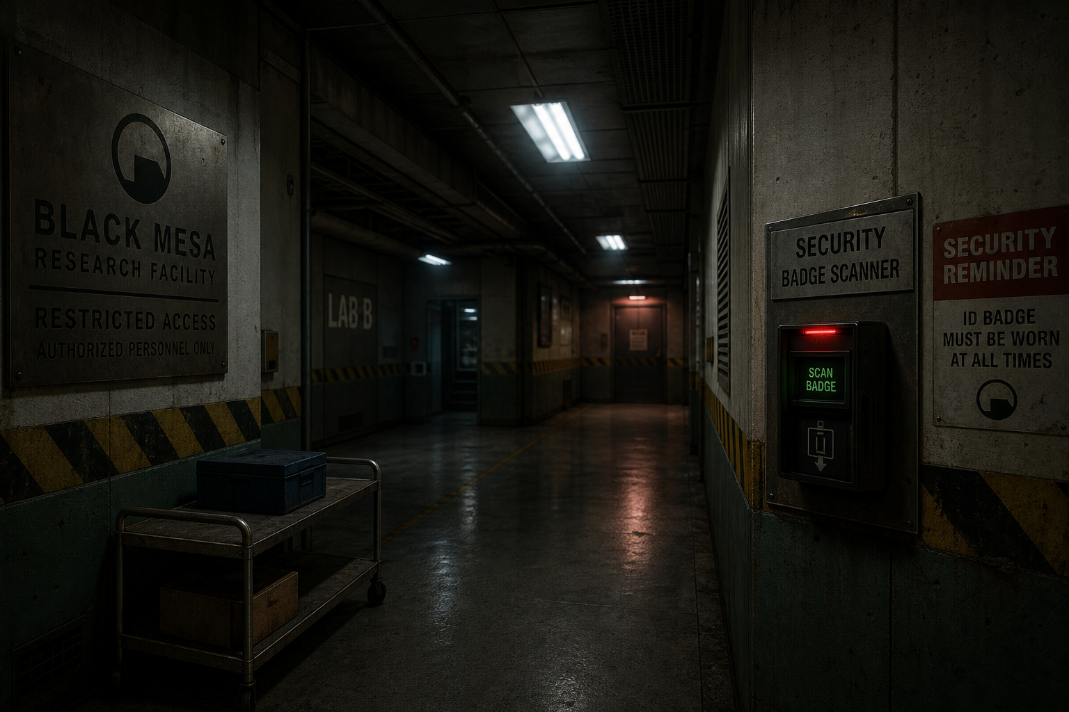 Half-Life: Blue Shift: How a Cancelled Dreamcast Port Defined a Legacy 3 Dimly lit corridor inside the Black Mesa Research Facility with security scanner and lab signage, creating a mysterious and high-tech atmosphere.