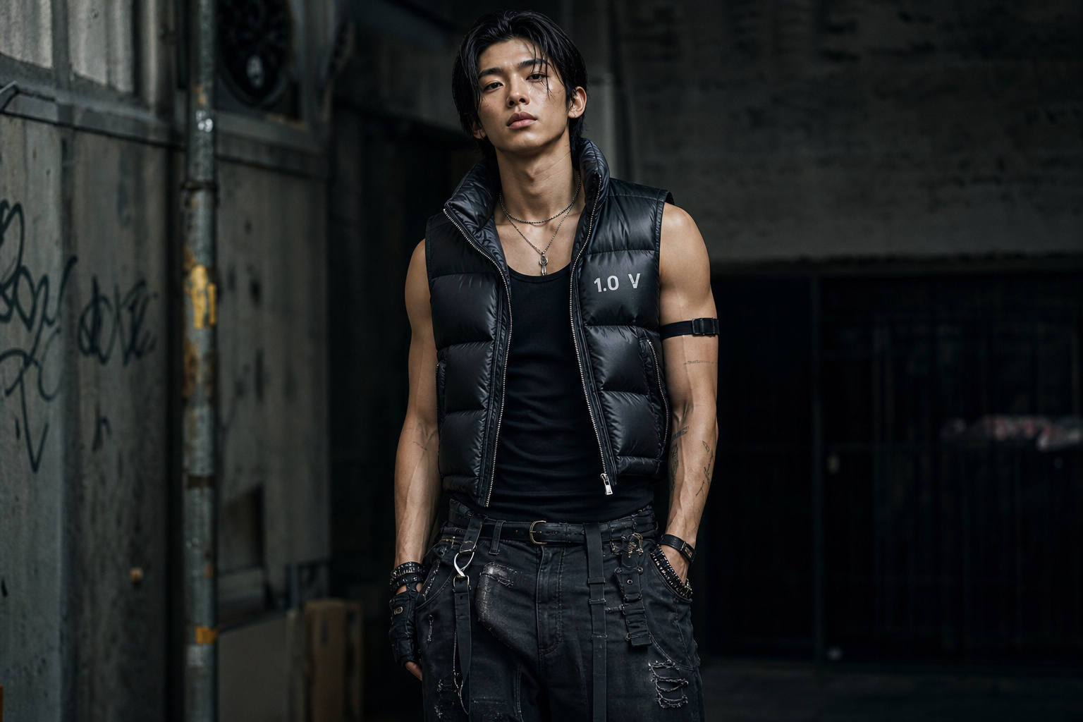 Cyberpunk Cosplay: Turning Household Items into DIY Tech 5 Young male model in black streetwear, sleeveless vest, and cargo pants, standing confidently in an industrial environment with graffiti and metal structures.