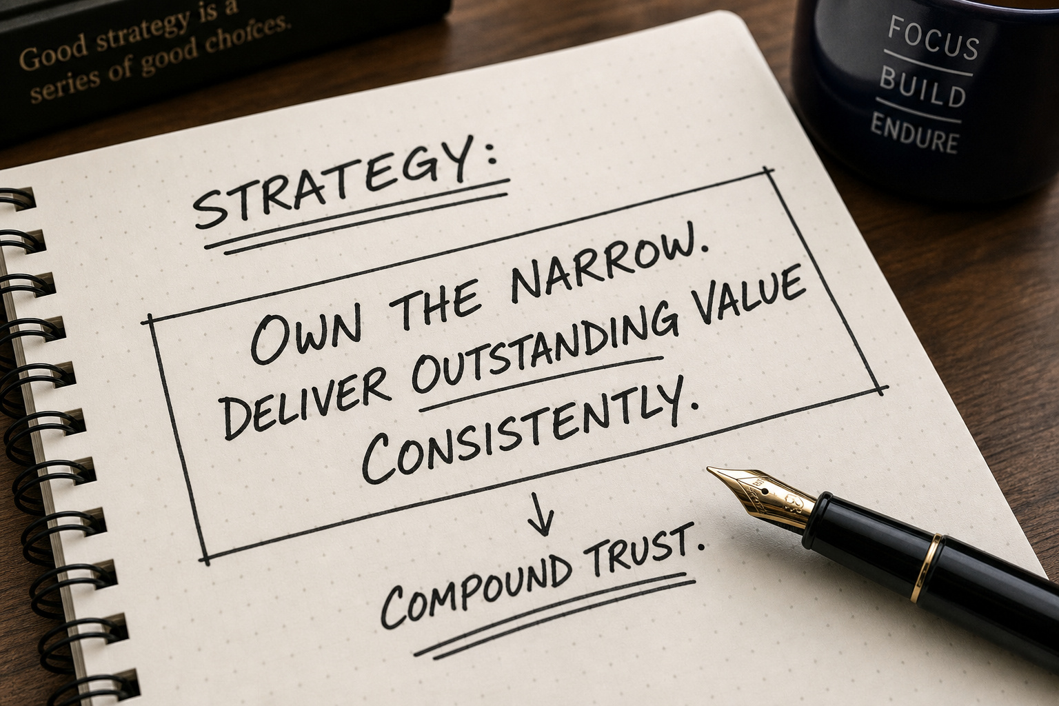 Handwritten notes on strategy planning emphasizing owning the niche, delivering value, consistency, and building trust for business growth.