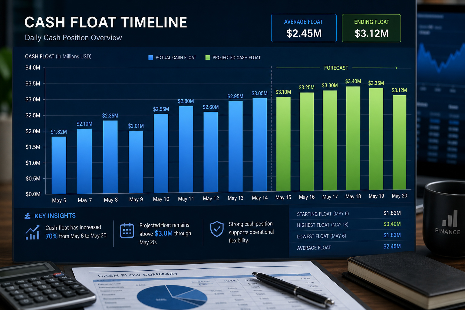 Financial dashboard showing cash flow trends with projected and actual cash balances from May 6 to May 20.