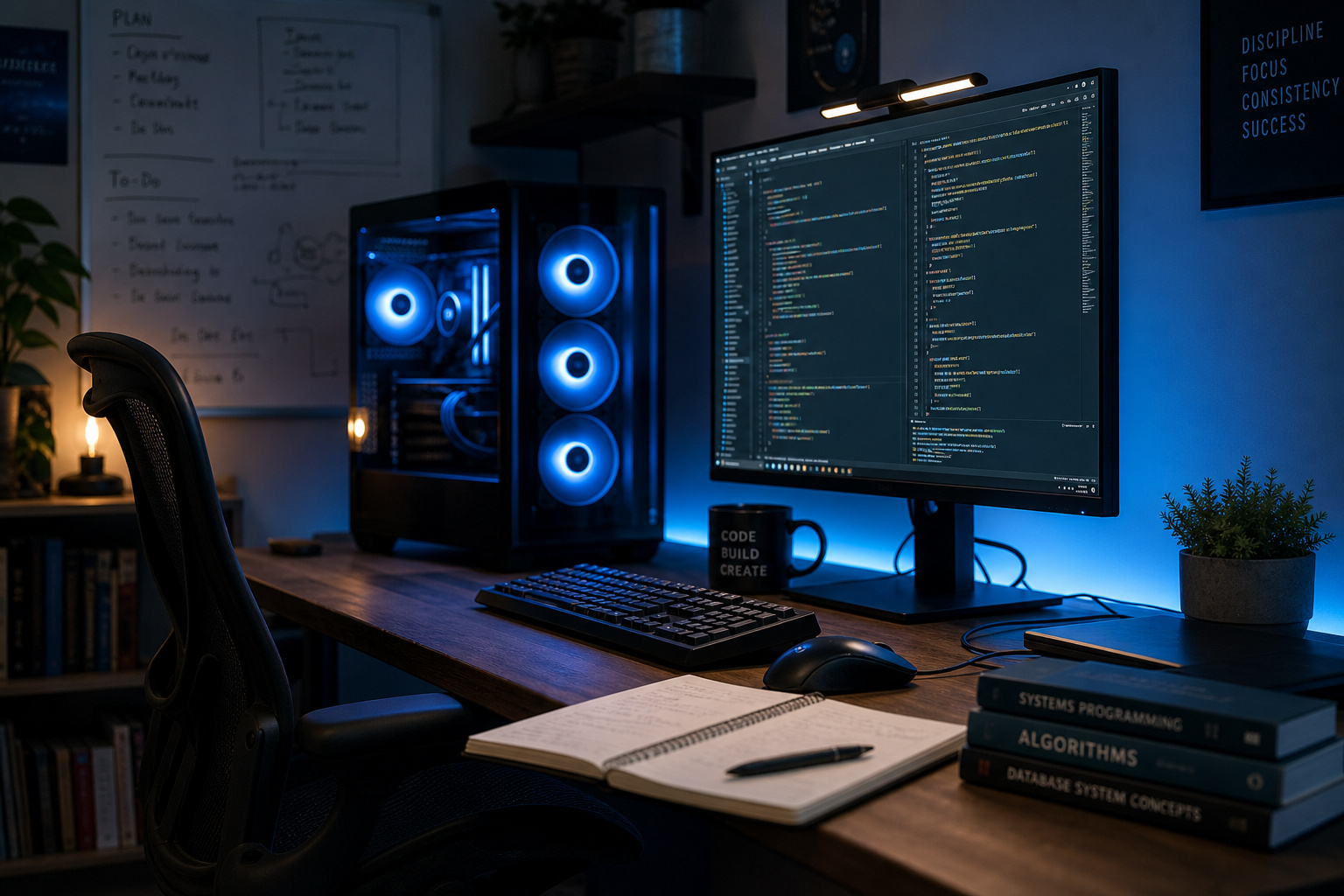 High-performance gaming PC with RGB lighting, dual monitors displaying code, keyboard, mouse, and coding books on a desk in a modern, tech-focused workspace.