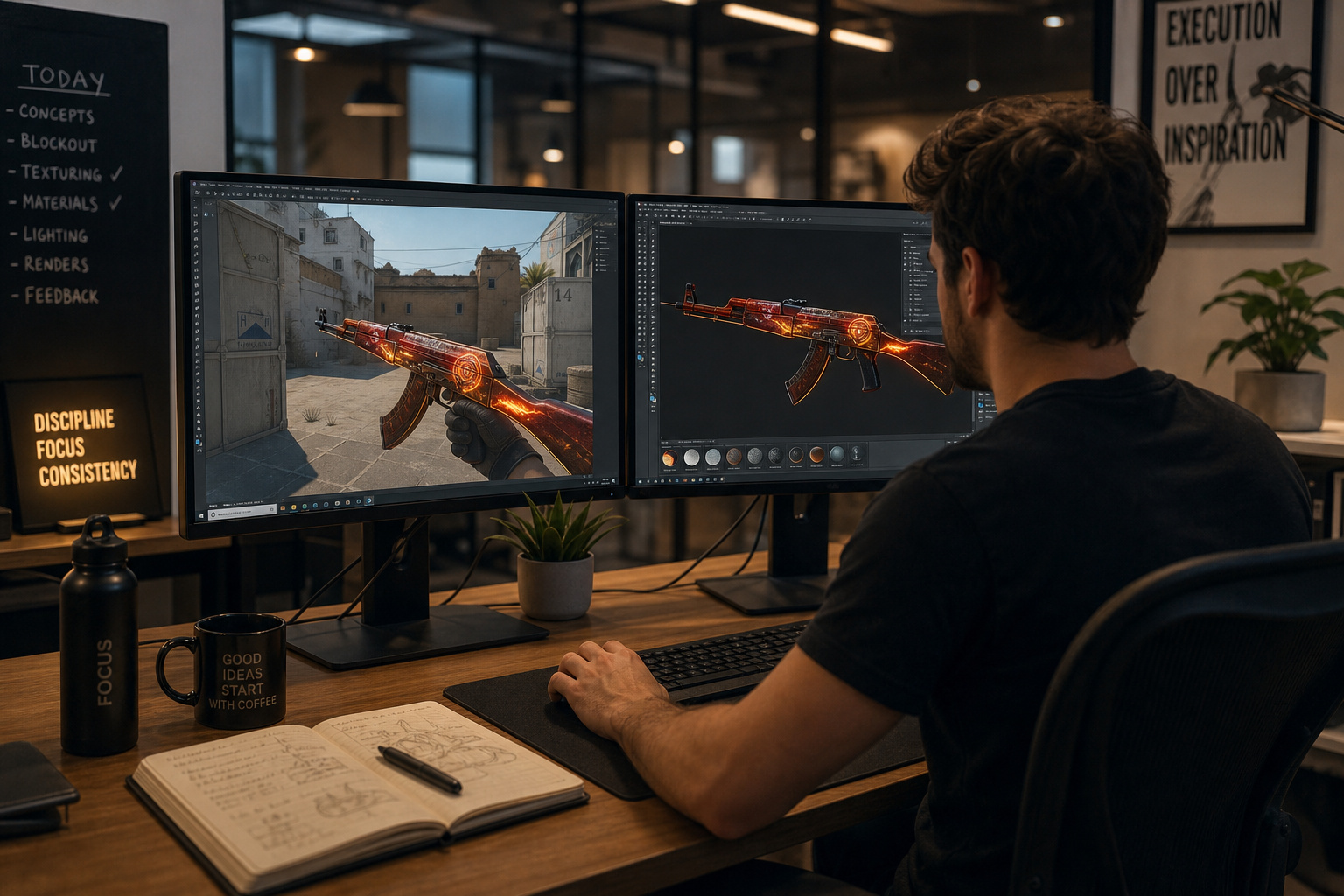 Person working on dual monitors displaying a 3D model of a cyberpunk-themed AK-47 gun skin in a modern workspace.