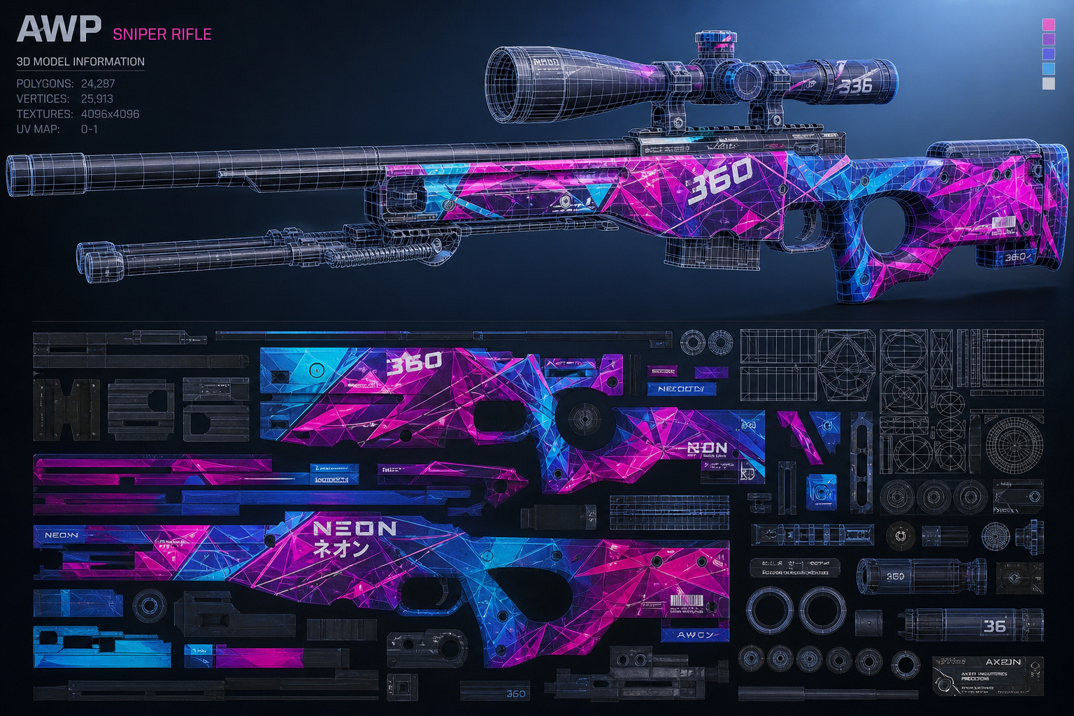 Futuristic sniper rifle with neon pink and blue geometric patterns, detailed digital wireframe overlay, and advanced scope, showcasing cutting-edge weapon technology.
