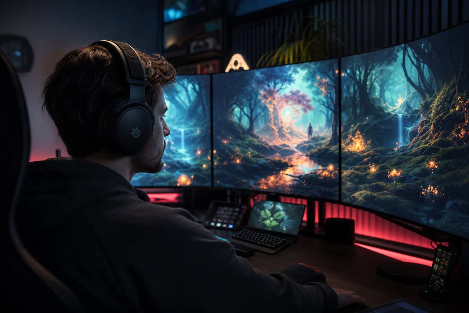 How to Spot a Gamer: 5 Subtle Lifestyle Indicators 3 A gamer using dual high-fidelity monitors with an animated live wallpaper.