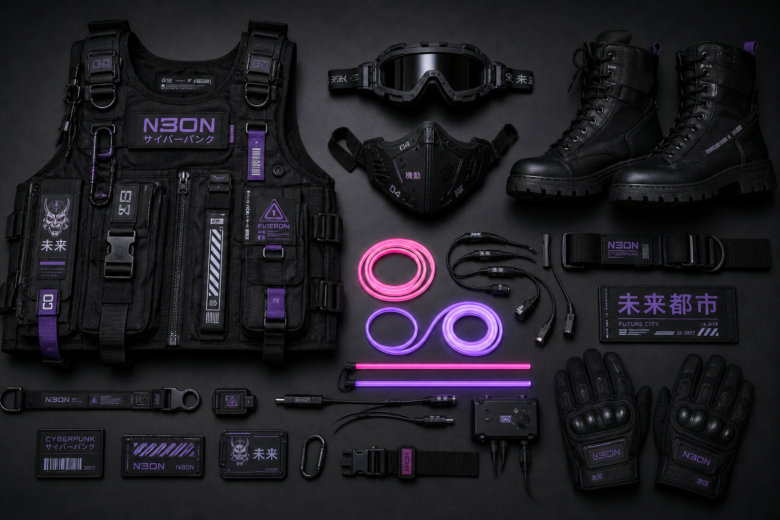 Cyberpunk Cosplay: Turning Household Items into DIY Tech 3 Modern tactical gear set including vest, goggles, gloves, and accessories with neon purple and pink accents, designed for gaming, cosplay, or tech enthusiasts.
