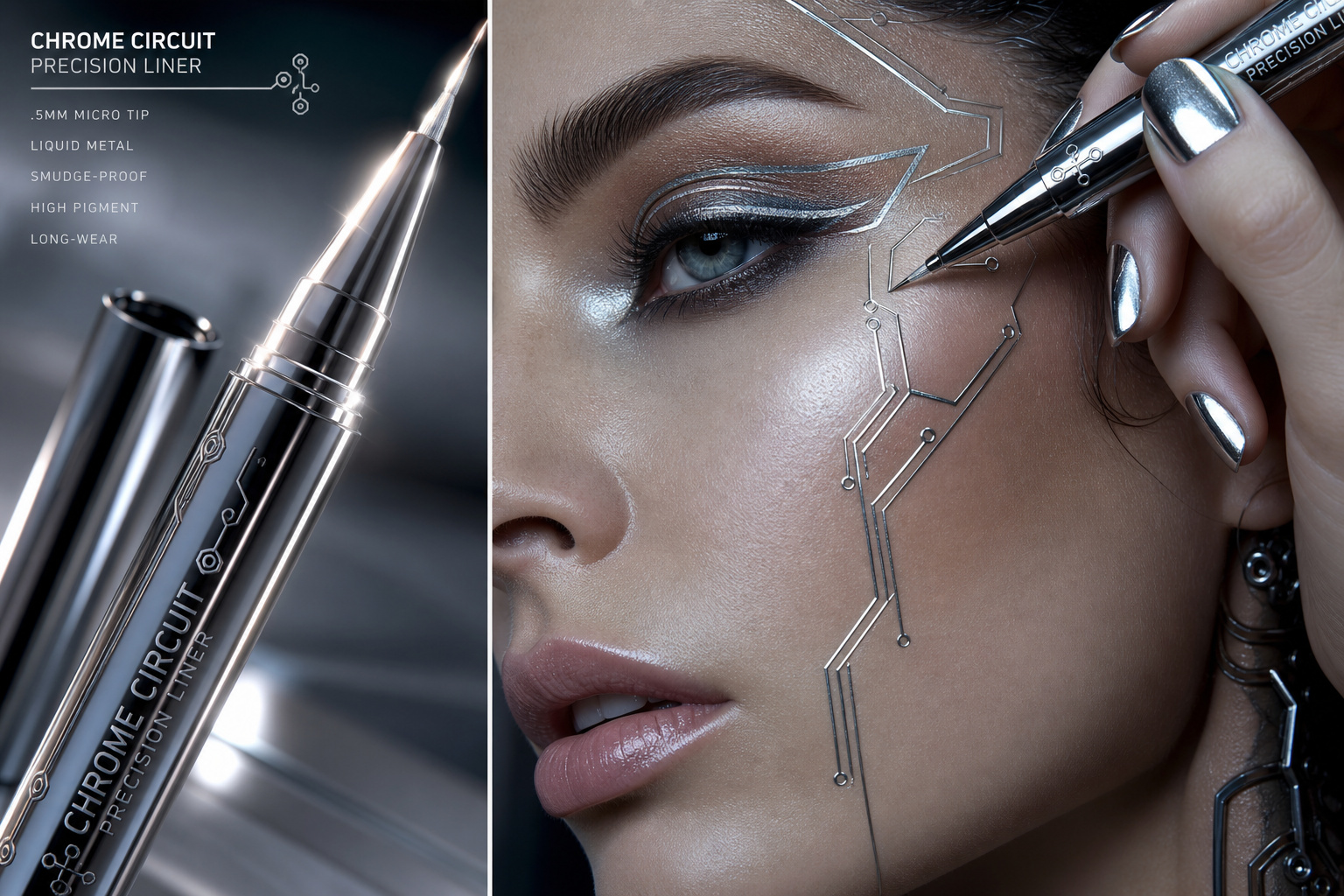 Cyberpunk Cosplay: Turning Household Items into DIY Tech 4 Close-up of a woman applying a high-precision chrome circuit eyeliner with a fine tip pen, showcasing detailed metallic makeup design on her face.