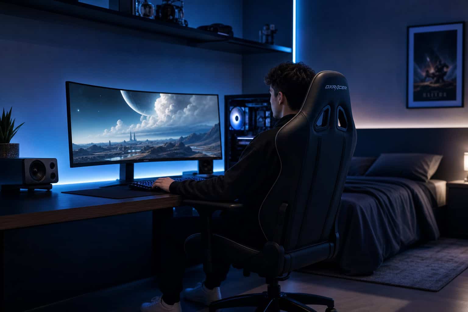 How to Spot a Gamer: 5 Subtle Lifestyle Indicators 2 A gamer sitting in an ergonomic chair in a dark, clean room.