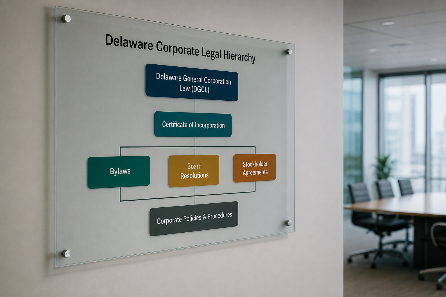 Diagram showing the Delaware corporate legal hierarchy, including General Corporation Law, Certificate of Incorporation, Bylaws, Board Resolutions, Stockholder Agreements, and Policies.