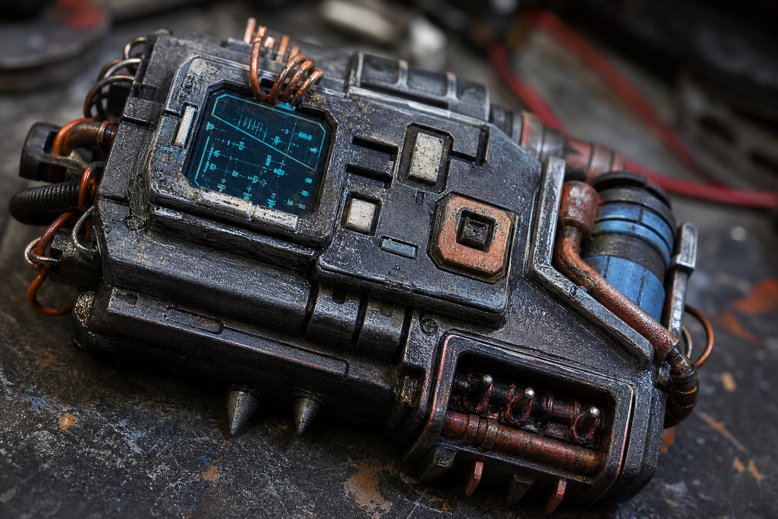 Cyberpunk Cosplay: Turning Household Items into DIY Tech 2 High-tech sci-fi gadget featuring a digital screen, metallic components, and intricate wiring, resembling a piece of advanced technology or weapon from a science fiction universe.