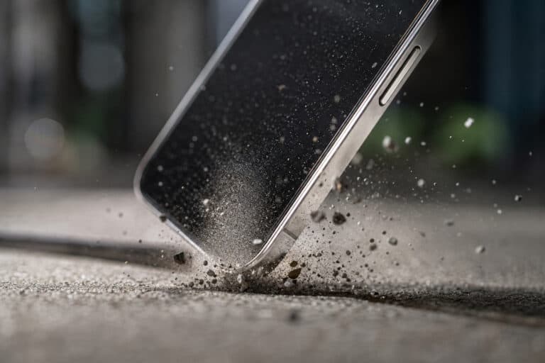 Close-up of a smartphone falling and hitting the ground, with dust and debris flying around, highlighting device durability and impact resistance.