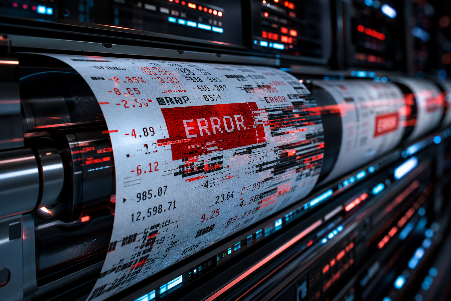 Digital printing press displaying a large error message with "ERROR" highlighted in red, surrounded by technical data and digital interface elements.