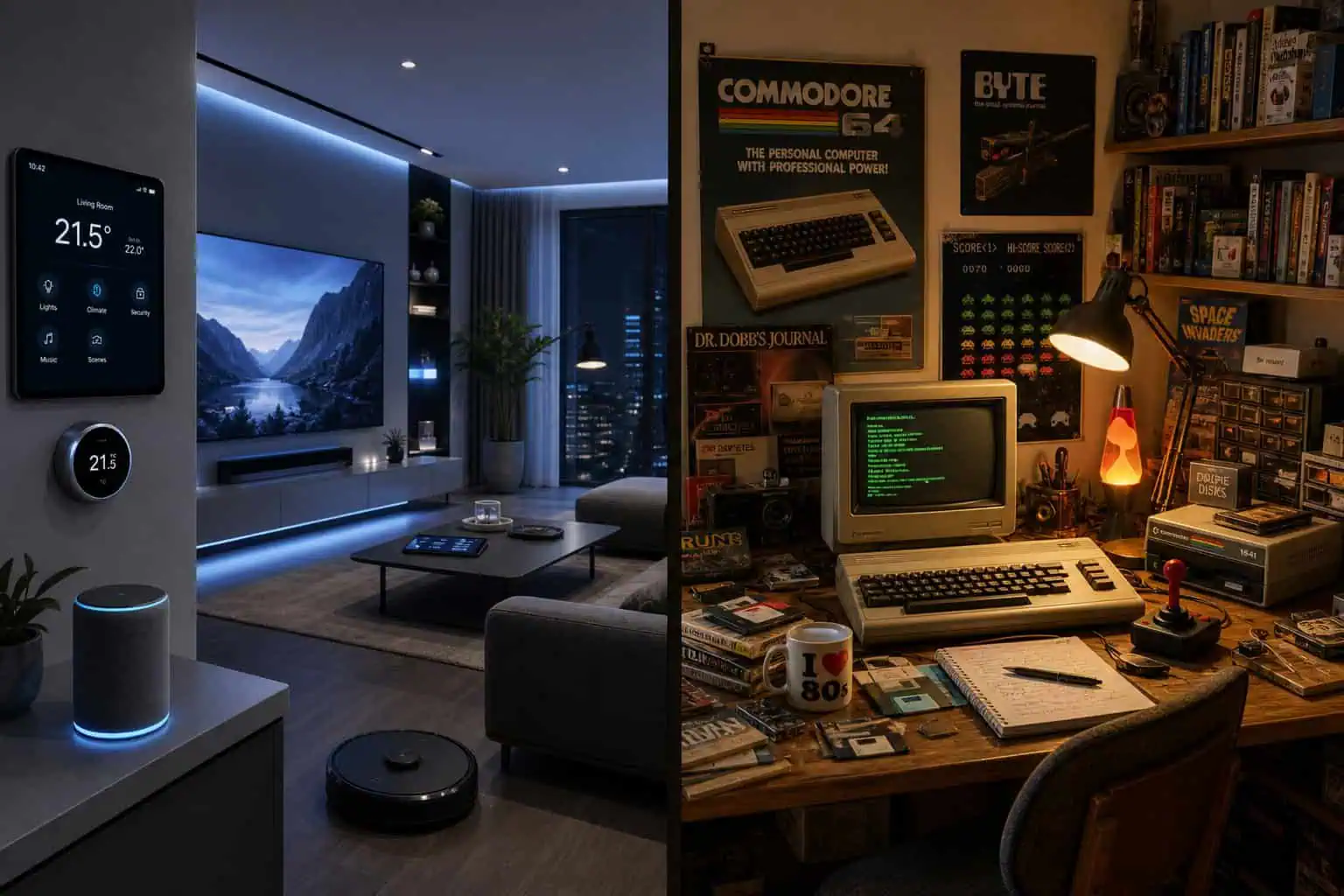 What Is Geek Culture? Psychology Confirms It’s Not Social Dysfunction 7 Modern smart home living room with ambient lighting, smart thermostat, and robotic vacuum, alongside a vintage computer setup with classic gaming posters and accessories.