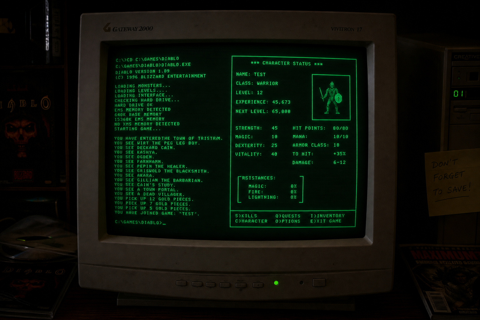 An image of an old CRT monitor showing a green text-based game interface, reminiscent of classic computer RPGs. The screen displays character stats, experience points, and game commands, emphasizing v.