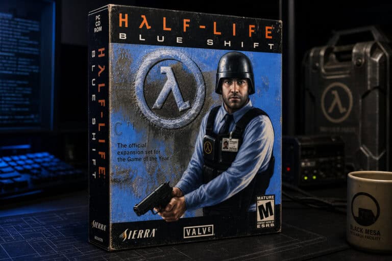 Official Half-Life: Blue Shift Collector's Edition box featuring a man in tactical gear holding a gun, set against a tech-themed background with gaming and computer equipment.