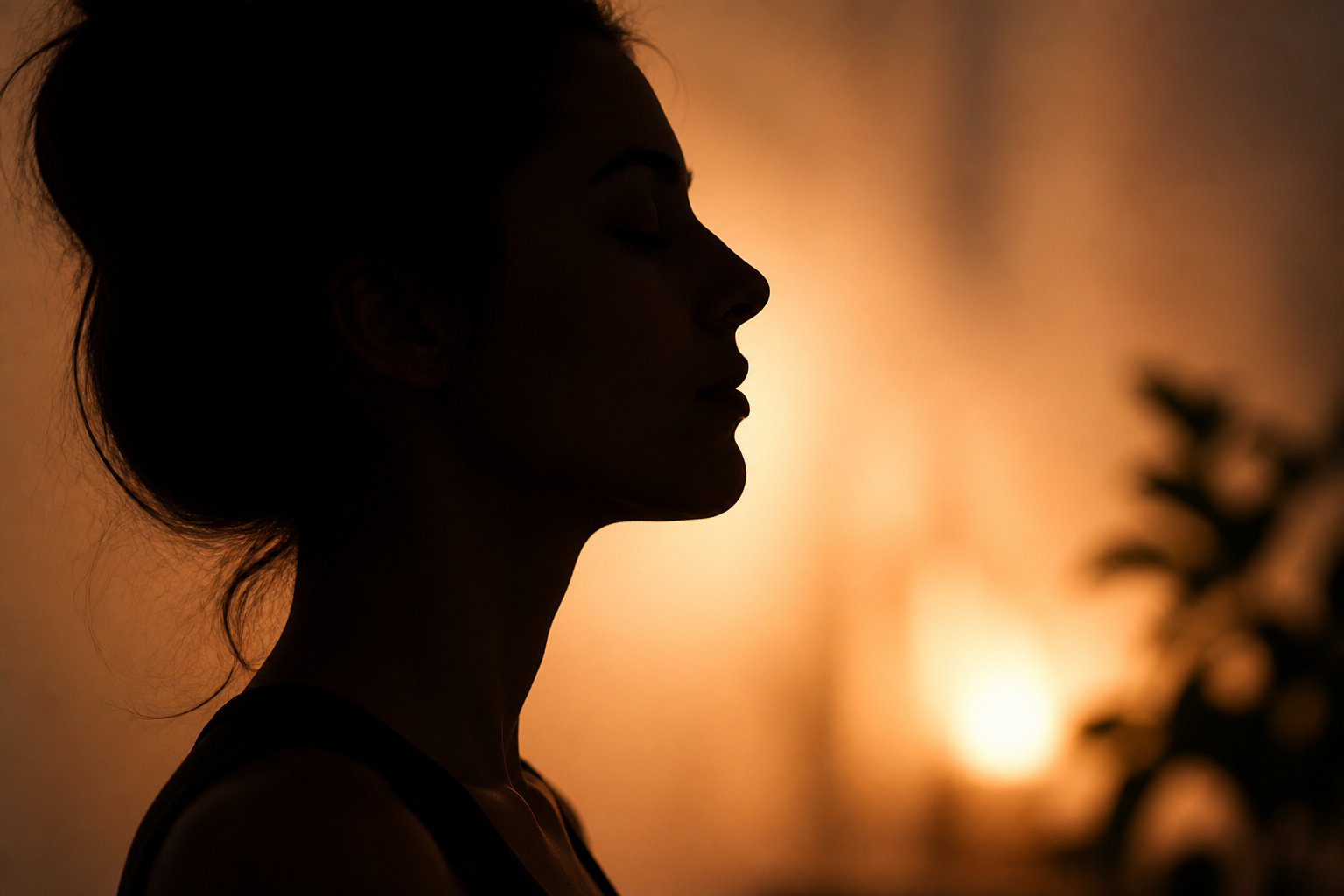 Sunset silhouette of a woman with closed eyes, capturing a peaceful moment during golden hour with warm backlighting and a blurred natural background.