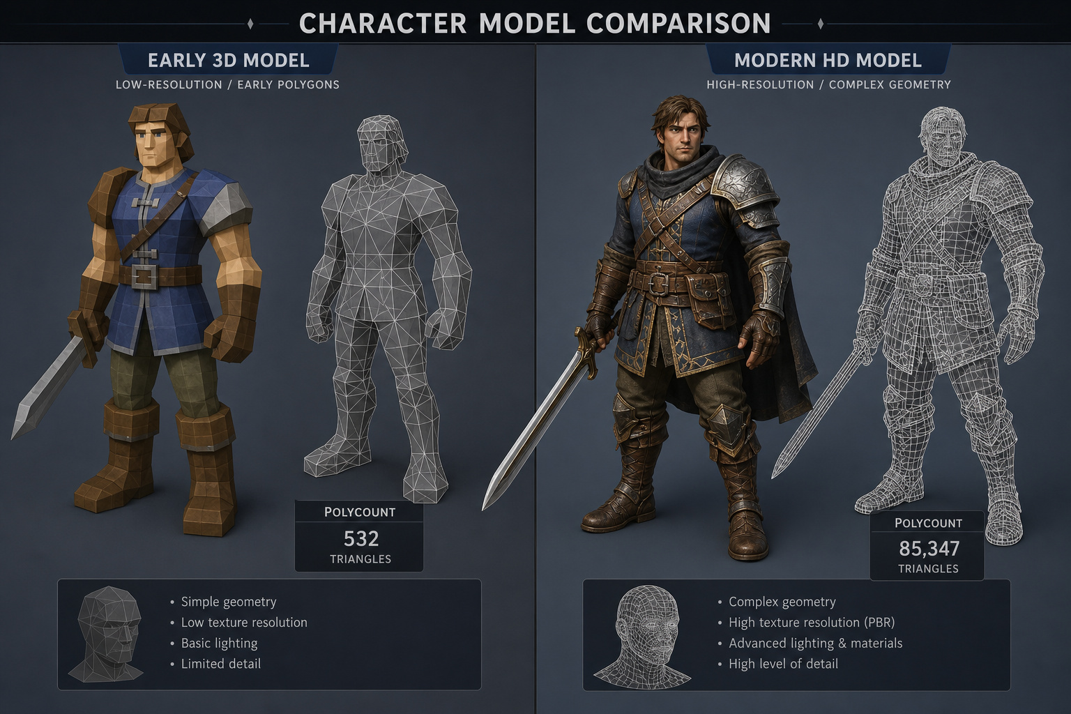 Half-Life: Blue Shift: How a Cancelled Dreamcast Port Defined a Legacy 6 Side-by-side comparison of early 3D low-poly and modern high-res character models, highlighting improvements in geometry, texture resolution, and detail for gaming and animation.