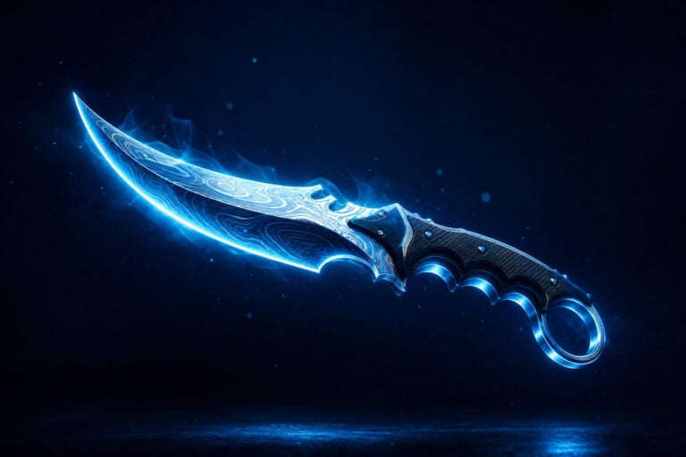 Futuristic combat knife with a glowing blue edge and intricate patterns, designed for gaming, cosplay, or collectors. High-tech weapon with a sleek, modern appearance.