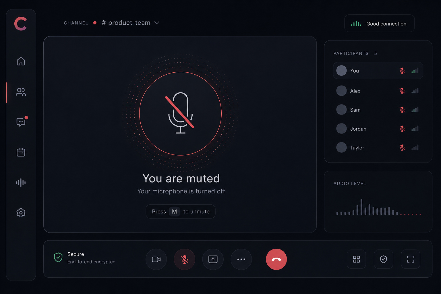 Digital video conference interface showing microphone muted status, participant list, and audio controls on a modern communication platform.