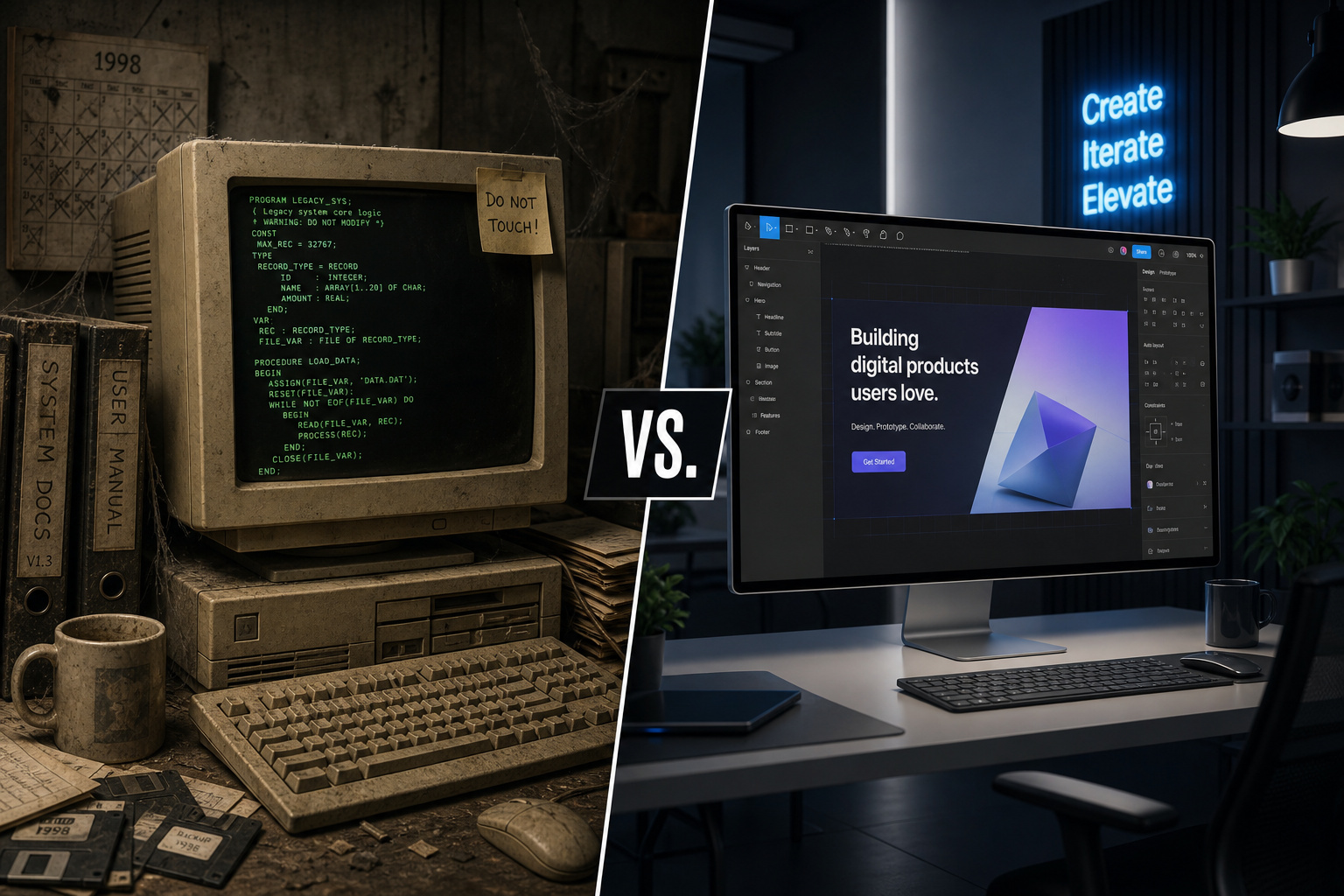 Comparison of vintage computer with green text screen and a modern digital design workstation, highlighting technological advancements over time.