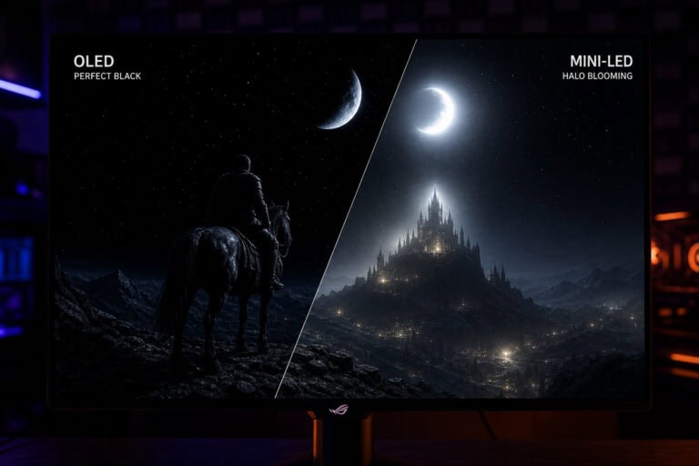 High-quality OLED and Mini-LED display showcasing a celestial scene with a rider on horseback and a luminous castle under a starry sky.