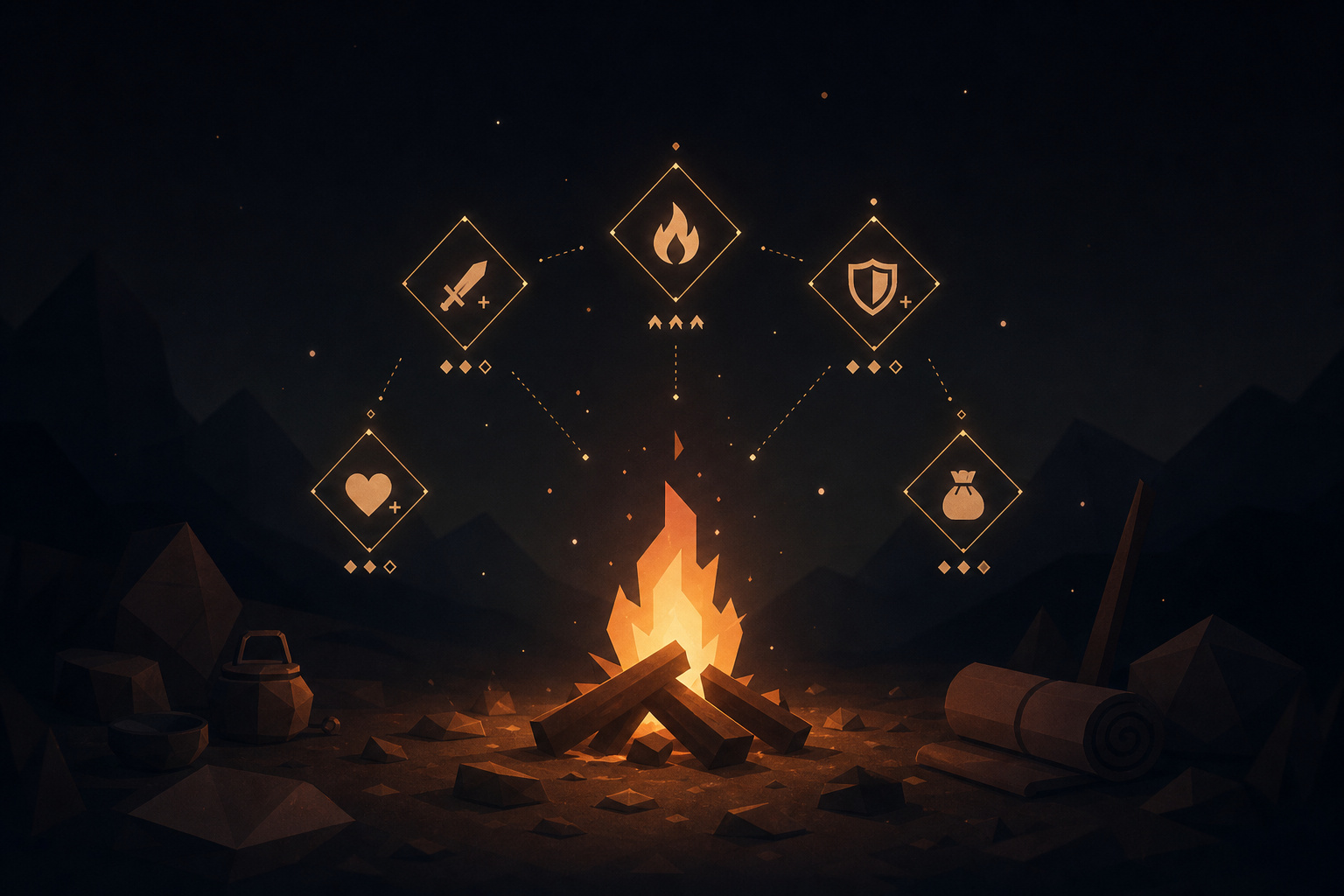 Illustration of a campfire surrounded by icons representing safety, fire protection, health, and survival gear in a dark outdoor setting.