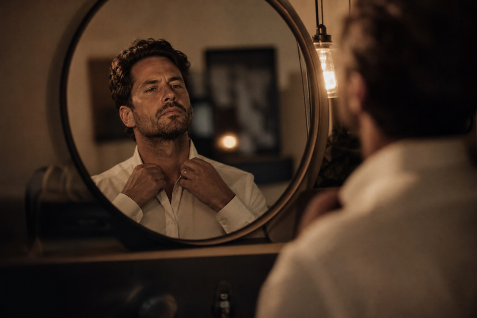Should I Shave My Head If My Hair Is Thinning? The Pivot Point 5 Man checking his reflection, representing the mental shift from balding to a clean-shaven look.
