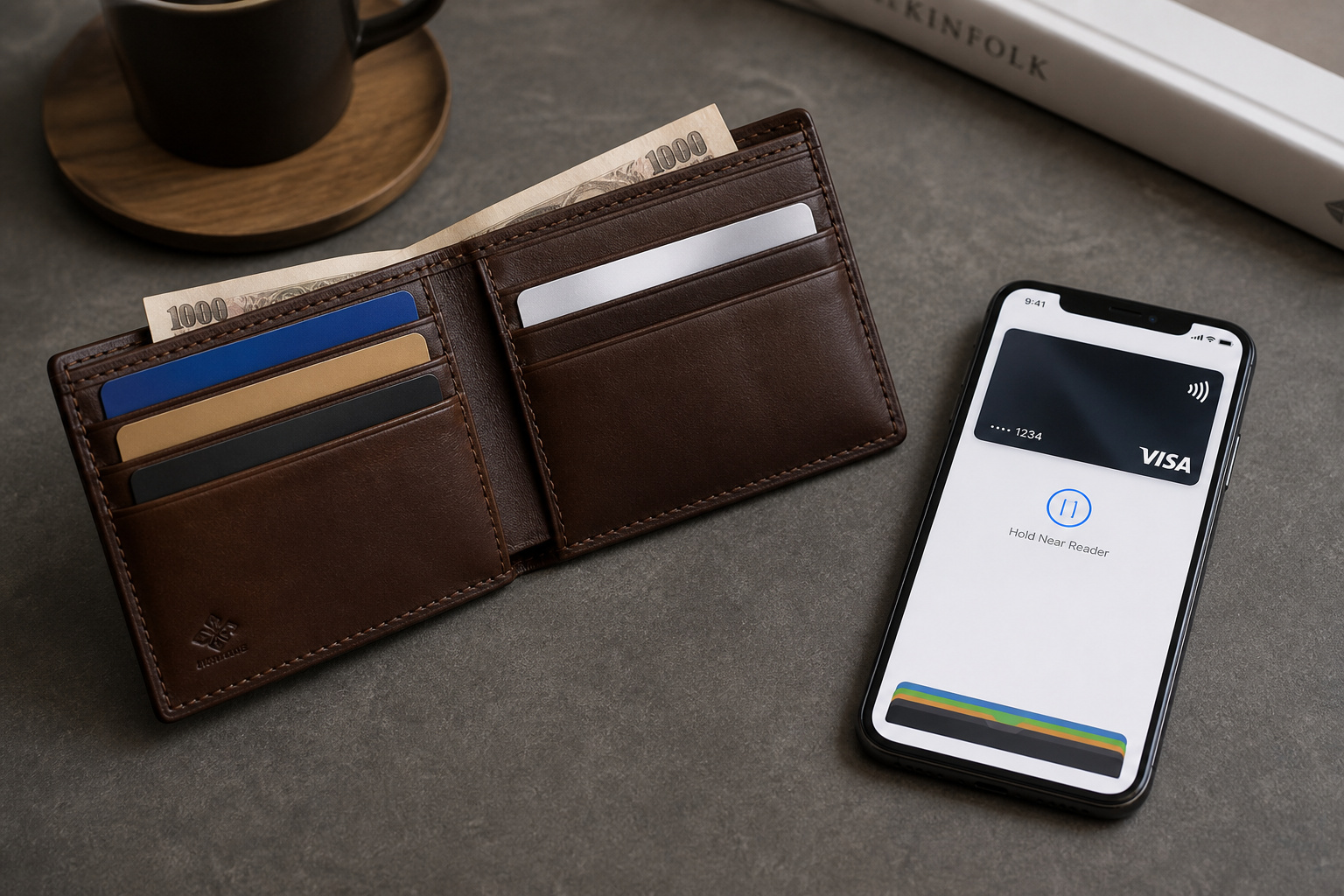 Leather wallet and smartphone showing digital payment screen representing e-wallet solutions.