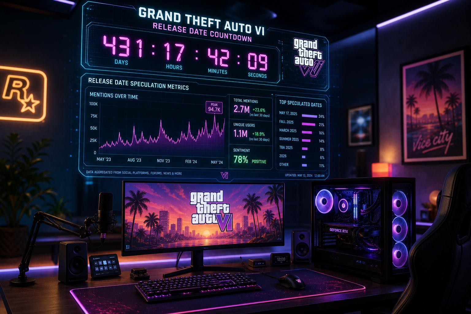 Large digital countdown clock for Grand Theft Auto VI game release, displayed on a neon-lit gaming setup with monitors, speakers, and tropical-themed decor.
