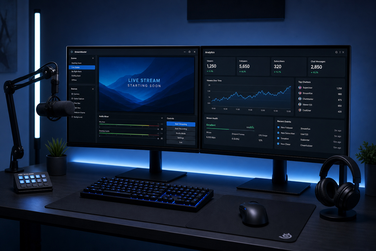 High-tech dual monitor streaming workstation with live analytics and gaming accessories.