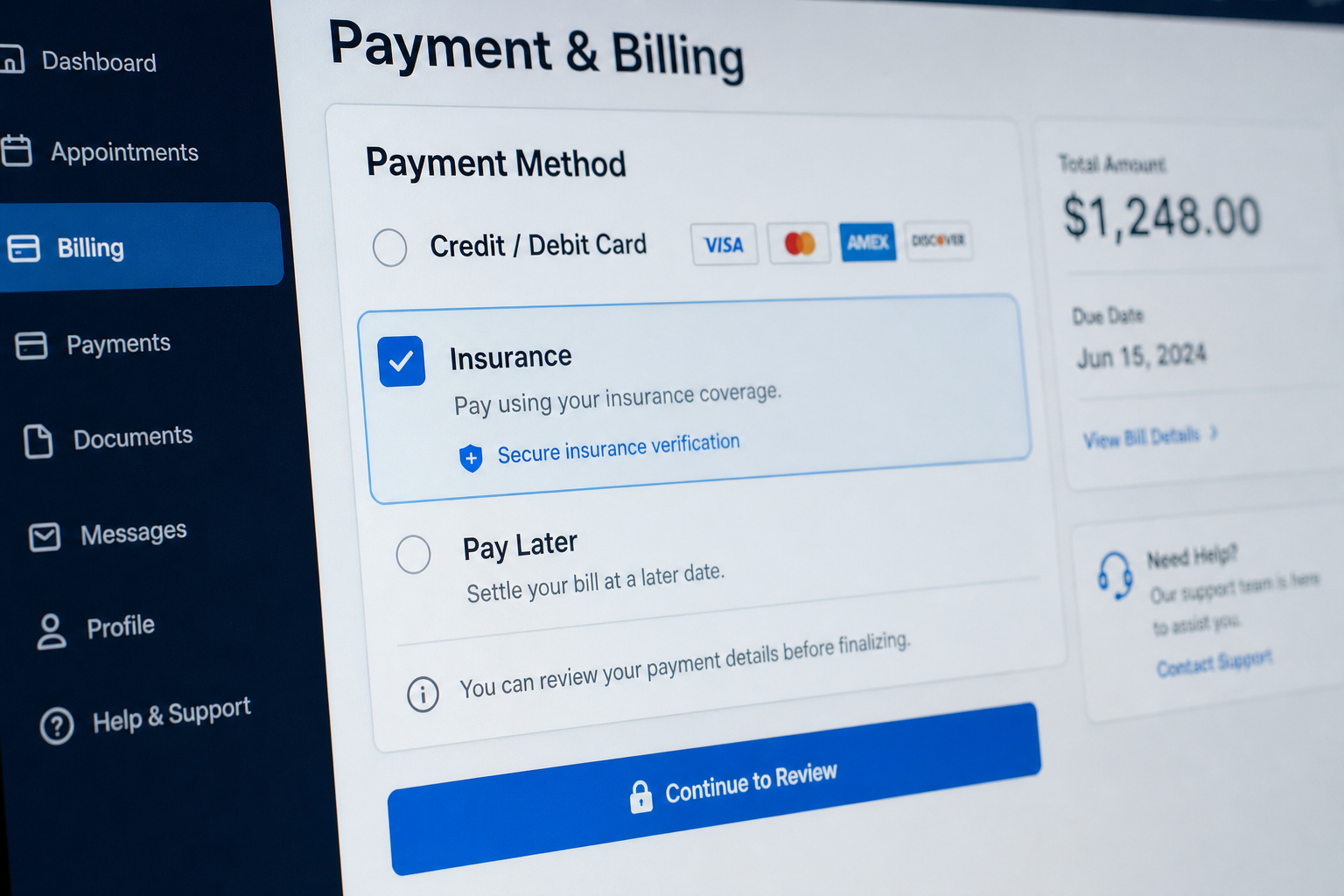 Screenshot of a payment and billing interface showing options for credit card, insurance, and pay later, with a total amount of $1,248.00 due on June 15, 2024.