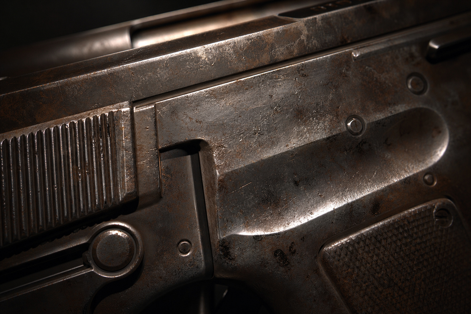 A detailed close-up image of a firearm, showcasing the textured grip, metallic surface, and mechanical components. Perfect for tech, security, or firearm-related content on GeekExtreme.