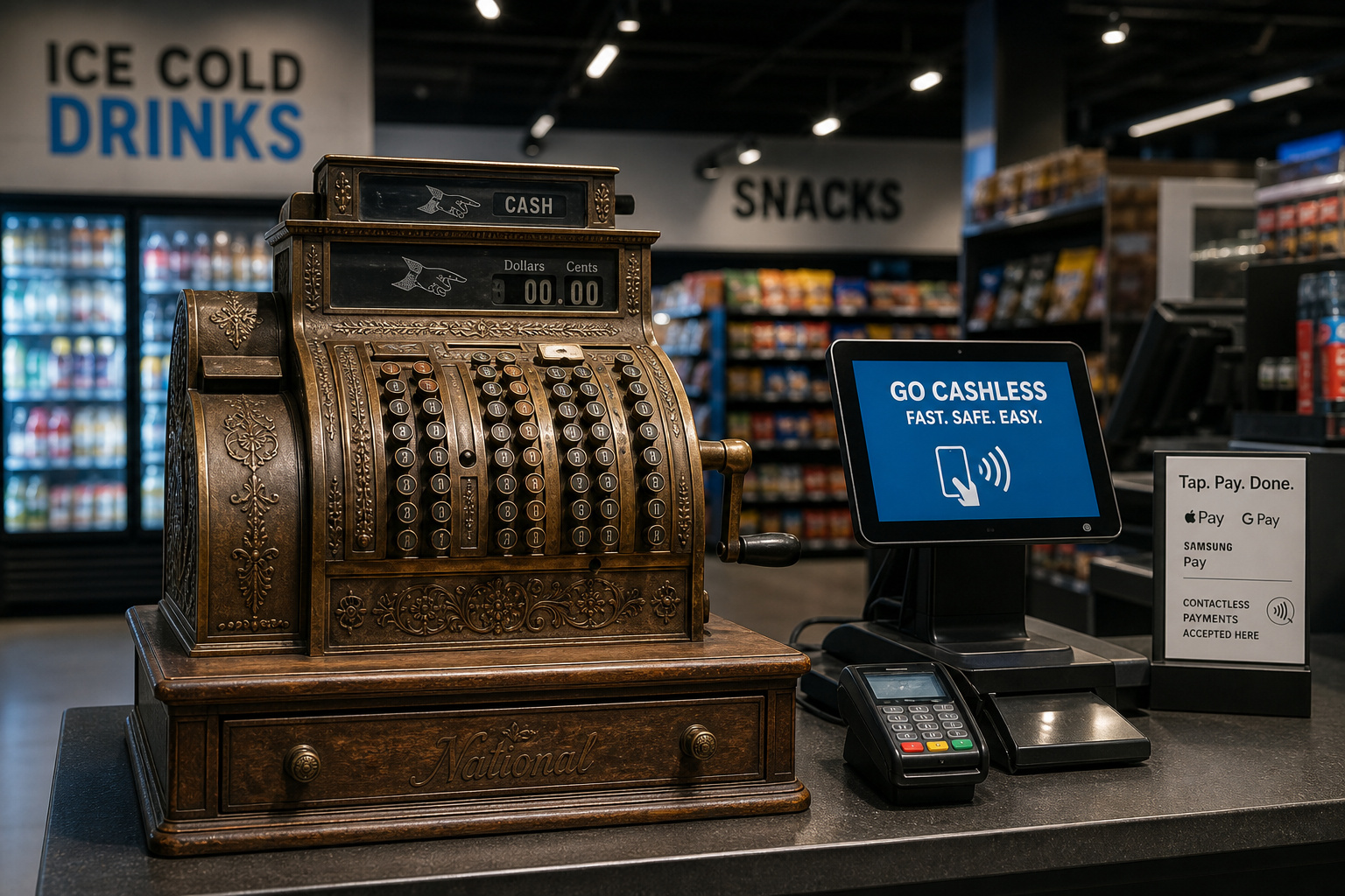 Vintage cash register used as a physical fallback for cash-to-digital payment processing.