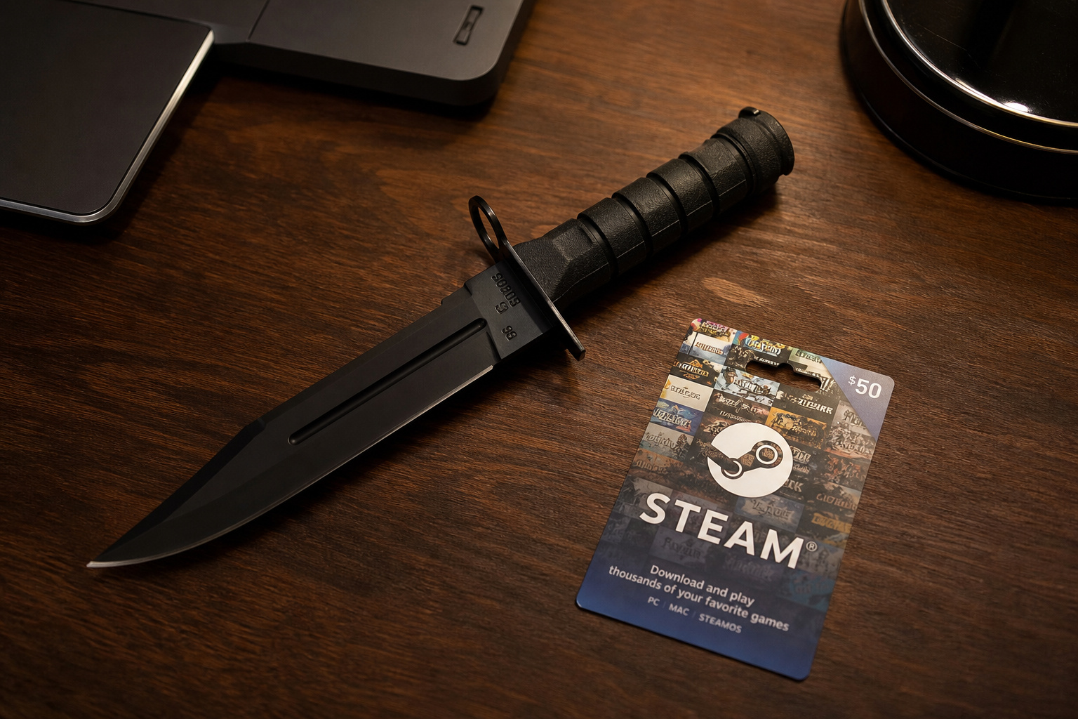 Close-up of a tactical combat knife with black handle and sheath, placed on a wooden desk alongside a Steam gift card, highlighting gaming accessories and outdoor gear.