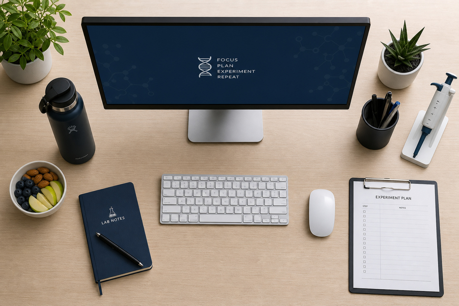 Clean and organized workspace featuring a desktop computer, keyboard, mouse, lab notes, experiment plan, and office accessories on a wooden desk.