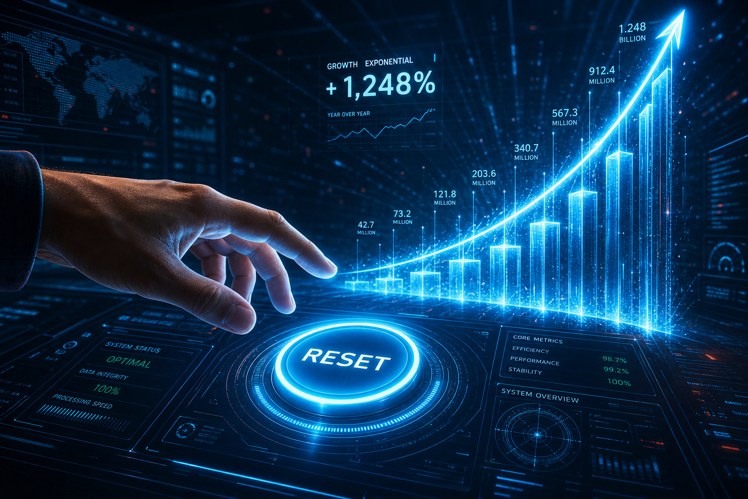 Digital data analytics dashboard showing exponential growth with a 1,248% increase, featuring a hand pointing to a reset button and a rising graph for tech and business insights.