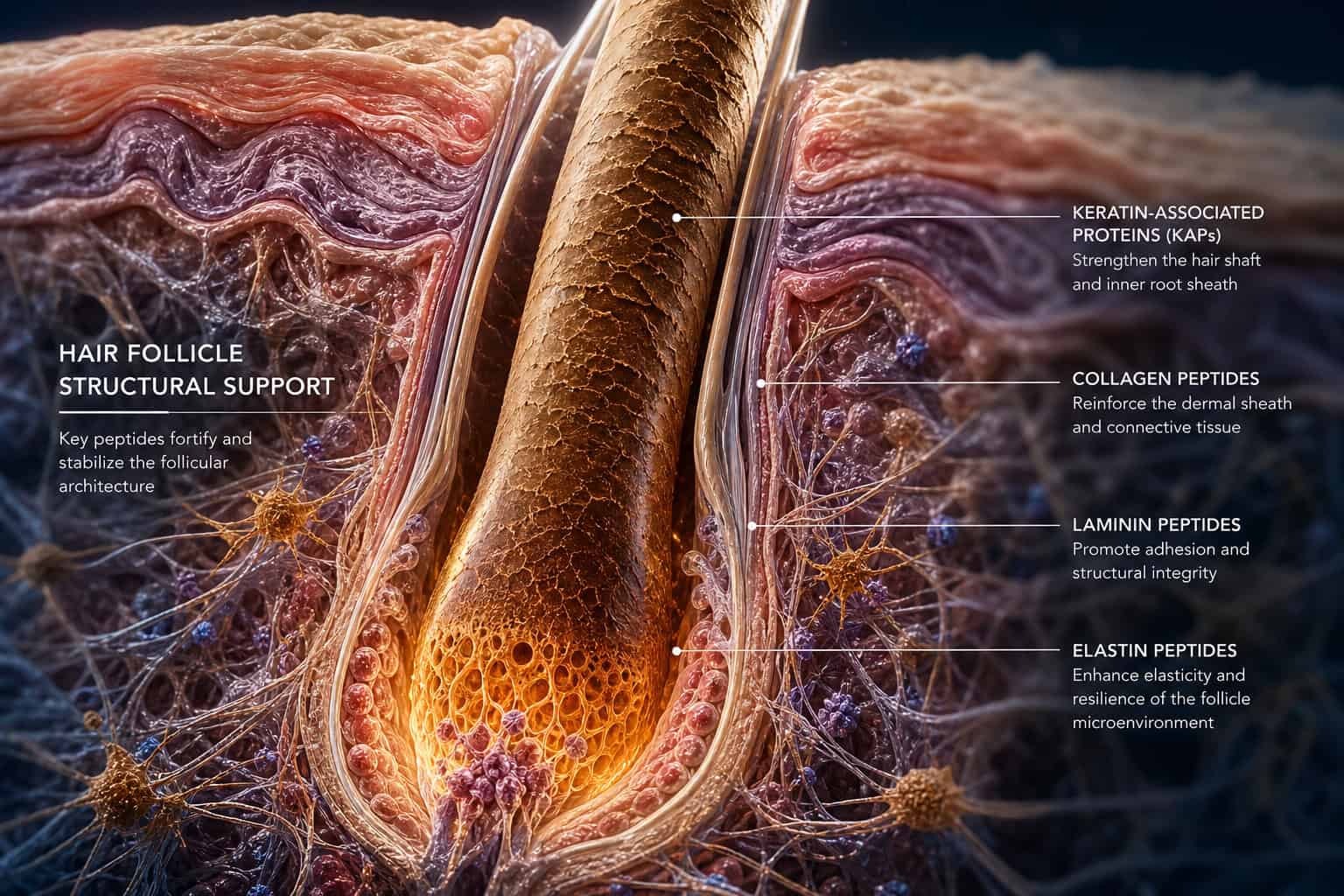 Microscopic view of hair roots reinforced by anchoring peptides to prevent premature shedding.