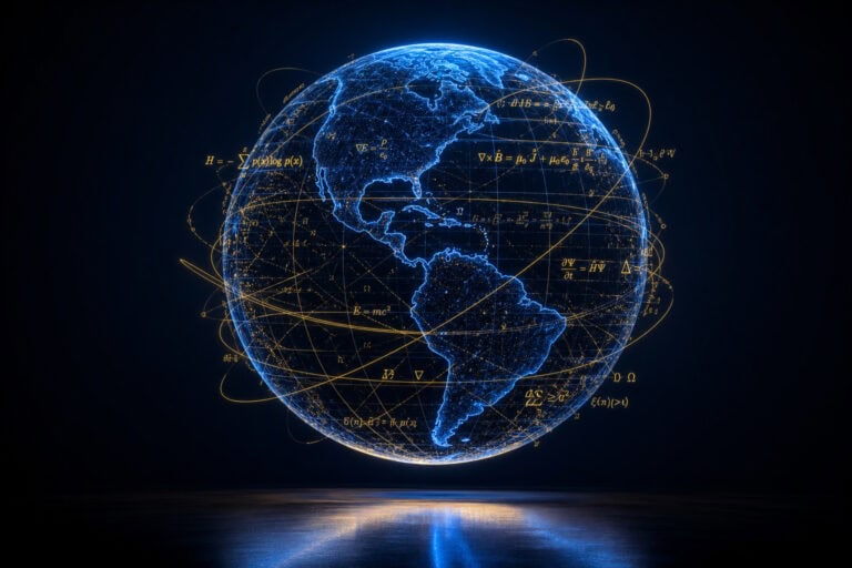 A highly detailed digital rendering of Earth showcasing interconnected data lines and mathematical formulas, symbolizing global technology, innovation, and digital connectivity.