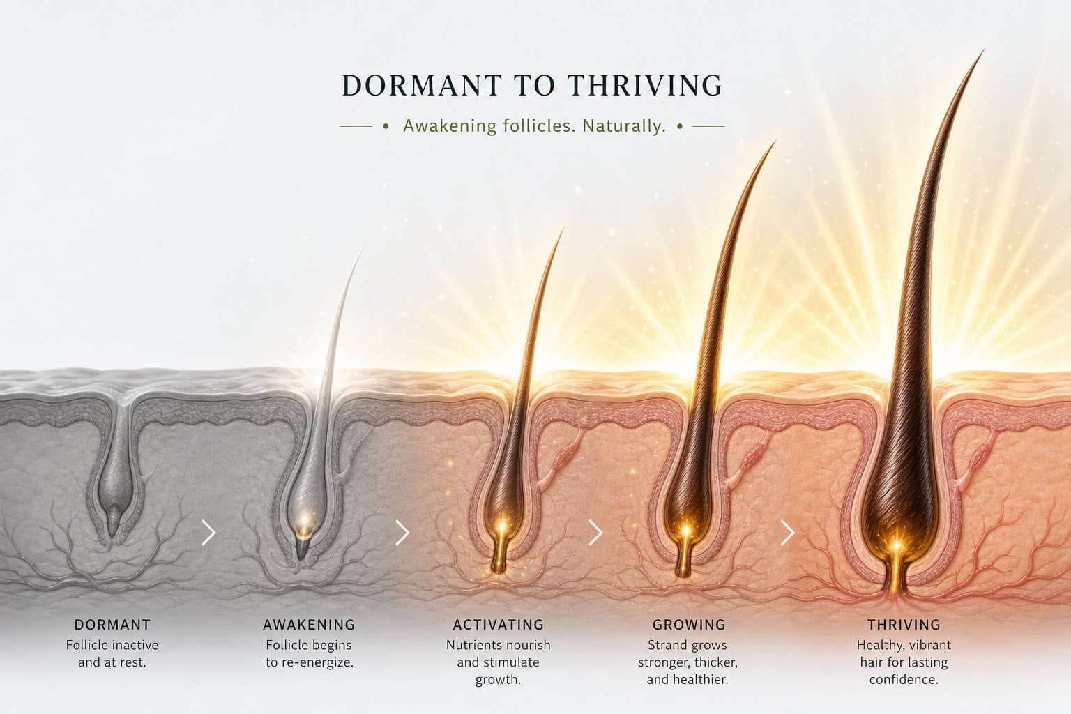 Conceptual illustration of dormant hair stem cells being reactivated to trigger new growth.