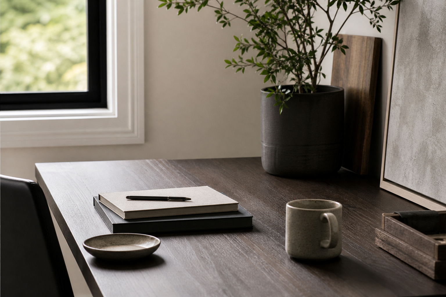 A clean, modern workspace featuring a wooden desk with a potted plant, notebooks, a mug, and a small dish, set near a window with natural light, ideal for productivity and home office decor.